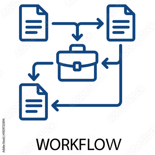 Workflow Process Icon with Documents and Briefcase Line Art