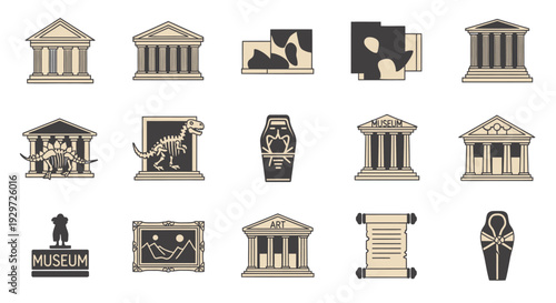 Collection of museum icons depicting architecture art and historical artifacts
