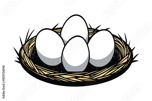 Fresh brown and white Easter eggs arranged in a rustic wicker basket isolated on a white background