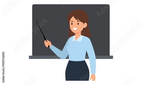 Female Teacher Pointing at Blackboard with Pointer Stick