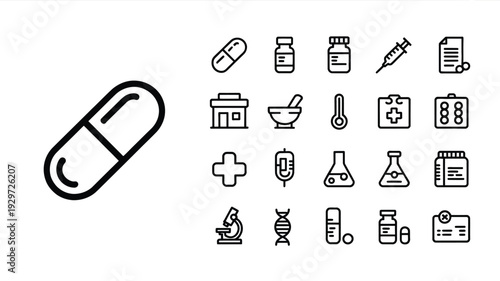 Pharmaceutical Line Icon Set Medical Pharmacy Editable Stroke Healthcare Vector Illustration Collection Isolated