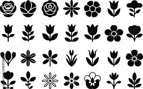 Botanical flower silhouette icon set vector, minimalist floral garden elements collection for spring decorative nature design illustration