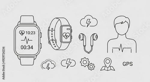 Smartwatch fitness tracker wireless earbuds and health monitoring icons with gps heart rate and cloud sync