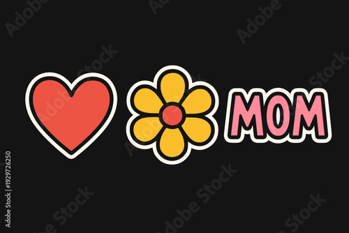heart flower and mom text hand drawn colorful patch set for mothers day design