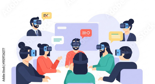 Virtual reality meeting with diverse team wearing vr headsets sitting around a table