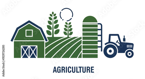 Farm scene illustration with barn crops silo and tractor agriculture themed