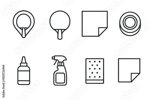 hand drawn ping pong paddle set with cleaning supplies and sticky notes outline icons