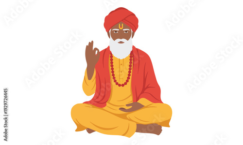 Indian Sadhu in meditation pose with red turban and yellow robes