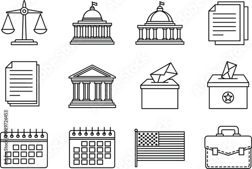 Government and Civic Icon Set Featuring Court Capitol Election Document Calendar Flag and Briefcase Symbols for Legal Political and Administrative Vector Design