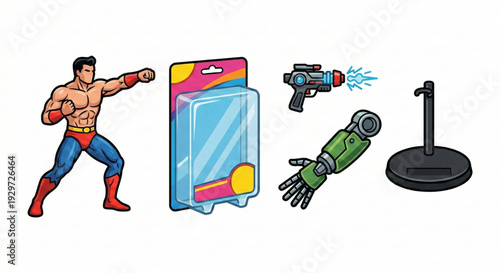 Super Action Figure Collection with Blister Pack, Futuristic Weapon, Prosthetic Arm, and Display Stand