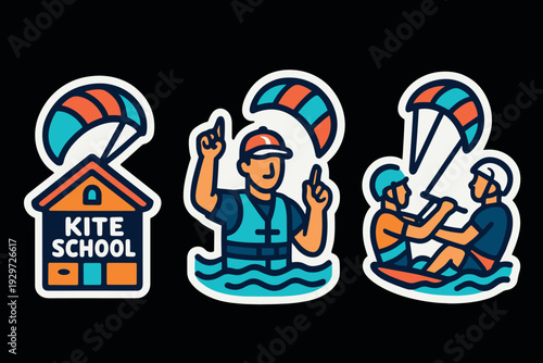 colorful hand drawn kite school icon set with instructor and student kiteboarding illustration