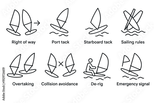 set of hand drawn sailing rules icons including right of way port tack starboard tack collision avoidance and emergency signal