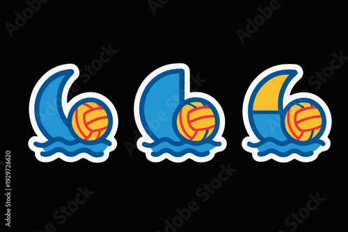 set of three hand drawn water polo icons in different color variations with waves and ball illustration