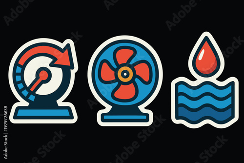 set of hand drawn HVAC system icons with meter fan and water droplet in flat style