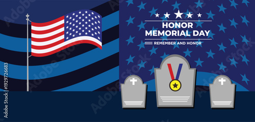 Memorial Day in United States. Remember and Honor. Federal holiday for remember and honor persons who have died while serving in the United States Armed Forces. Celebrated in May. Vector poster