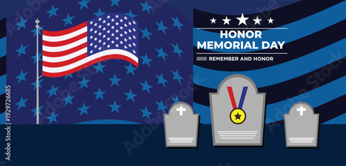 Memorial Day in United States. Remember and Honor. Federal holiday for remember and honor persons who have died while serving in the United States Armed Forces. Celebrated in May. Vector poster
