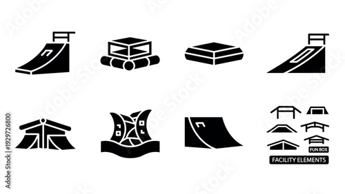 black silhouette skate park facility elements set with ramps fun box and railings in flat style