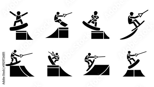wakeboarding jumps and tricks black silhouette icon set in hand drawn style