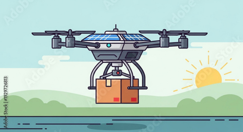 Drone carrying package flies over water with sunny landscape background