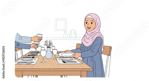 A Young Muslim Woman Serving Plates at a Dining Table Setting for a Meal