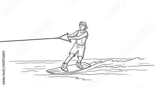 person wakeboarding holding handle on rope hand drawn line art illustration