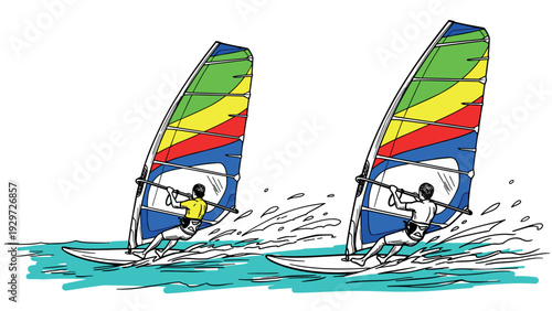 two windsurfers with colorful sails hand drawn illustration of water sports on waves