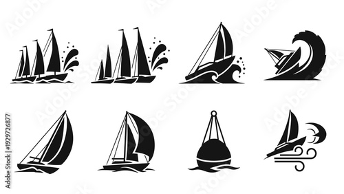 set of hand drawn sailboat and buoy silhouette icons with wave and wind elements