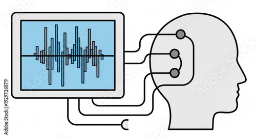 Human head connected to computer monitor showing sound waveform graphic illustration simple line art style