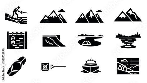 set of hand drawn black mountain river lake and water sports icons