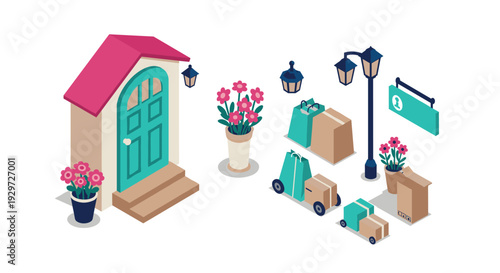 isometric house entrance with flowers packages street lamps and shopping delivery elements set