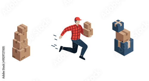 delivery man running with cardboard boxes isometric illustration with stacked parcels set