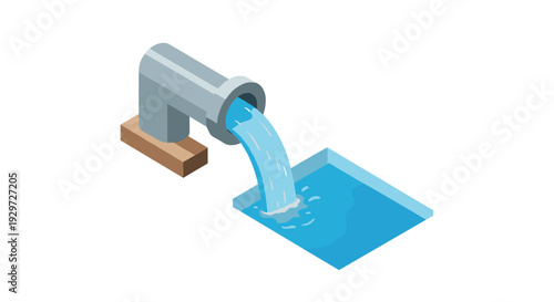 isometric water pipe pouring water into square pool vector illustration