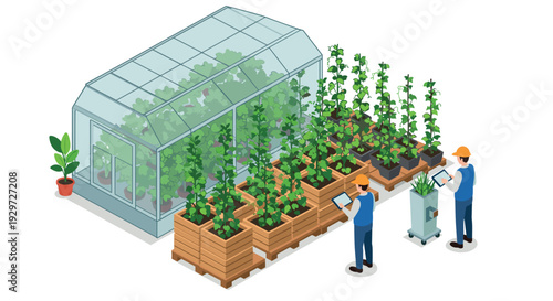 isometric indoor greenhouse with tall green plants and workers monitoring on tablets hand drawn