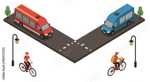 isometric view of cyclists and delivery vans on urban street corner with street lamps and trees in flat vector style