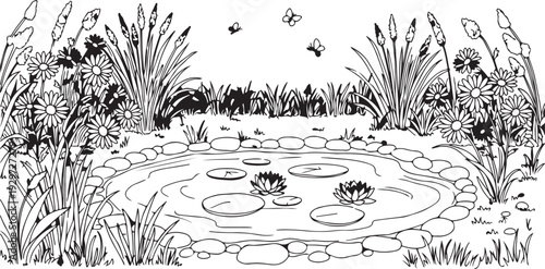 A serene pond with lily pads and surrounding foliage in a natural setting with a clear sky above the trees