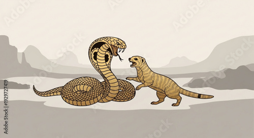 Cobra and mongoose confronting each other in desert landscape with rocky outcrops and sandy ground