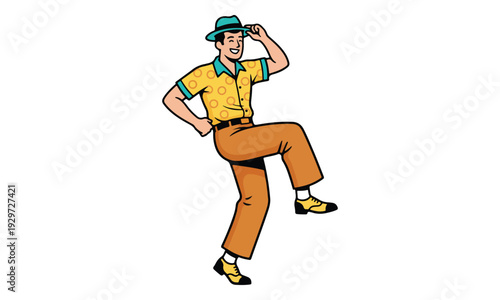 Retro Man Dancing in Yellow Shirt and Fedora Hat Illustration