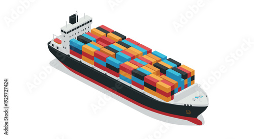 Modern isometric cargo ship with colorful containers on white background