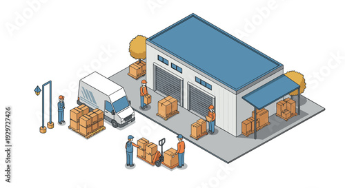 isometric illustration of warehouse workers loading and unloading boxes with delivery van and pallets in hand drawn style