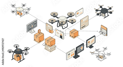 set of hand drawn drones delivering packages and connecting with digital screens in modern logistics illustration