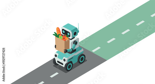 robot on wheels carrying grocery bag with food items isometric illustration