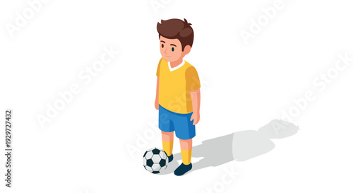 young soccer player standing with ball in isometric colorful style illustration