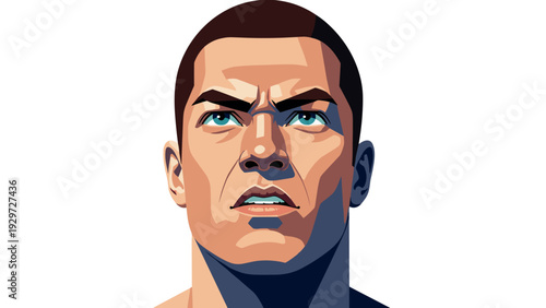 digital vector illustration of serious man face closeup in modern geometric style