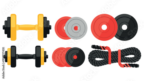 set of colorful dumbbells weight plates and battle rope flat style fitness equipment collection