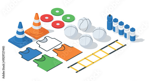 set of sports training equipment with balls cones vests agility ladder and water bottles in isometric style