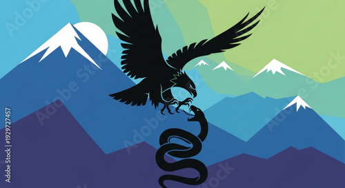 Eagle attacking snake in mountain landscape with snow capped peaks and moon