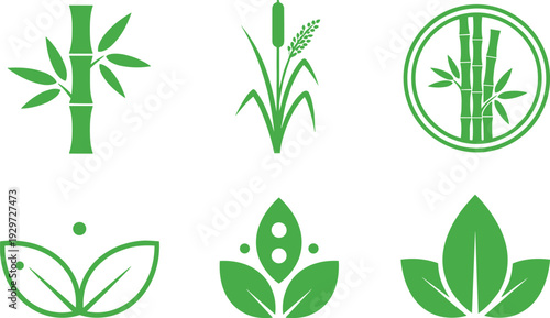 Green Bamboo and Leaf Icon Set with Natural Plant Symbols for Eco Friendly Branding Organic Products and Environmental Vector Design