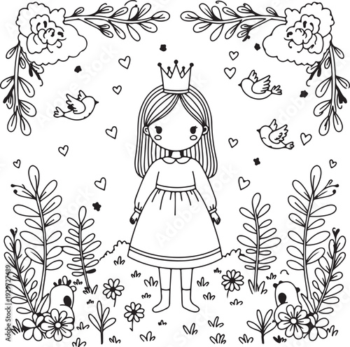 Illustration of a woman surrounded by flowers and foliage in a decorative border