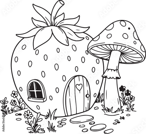 Whimsical illustration of a strawberry house with a mushroom next to it in a fantastical garden setting with flowers