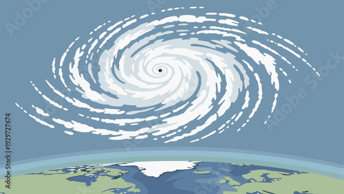 view of storm cyclone above earth with flat hand drawn vector illustration